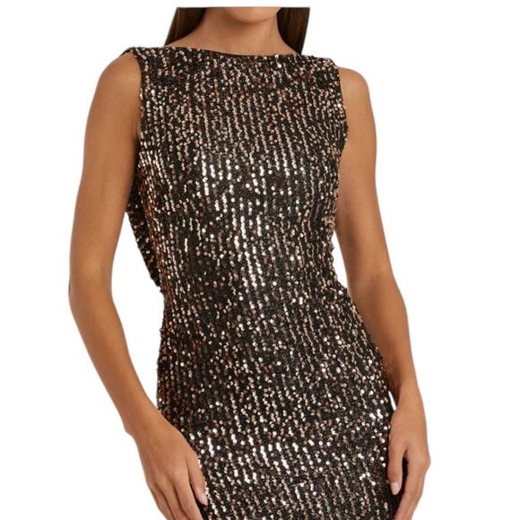 Mac Duggal Size 2 NEW Bronze Cowl Back Boat Neck Sequined Formal Gown 26331 - Picture 3 of 9